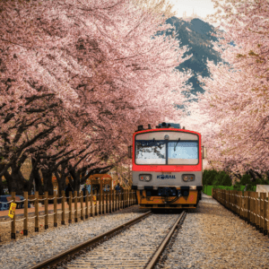 train pulling in to Gyeonghwa station through a blossom tunnel